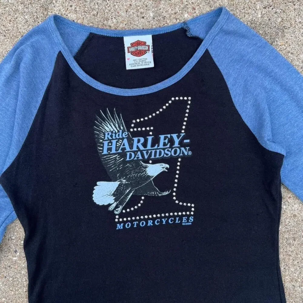 Y2K Harley Davidson Eagle Black & Blue Long Sleeve Top | Size Medium - Picture 3 of 7